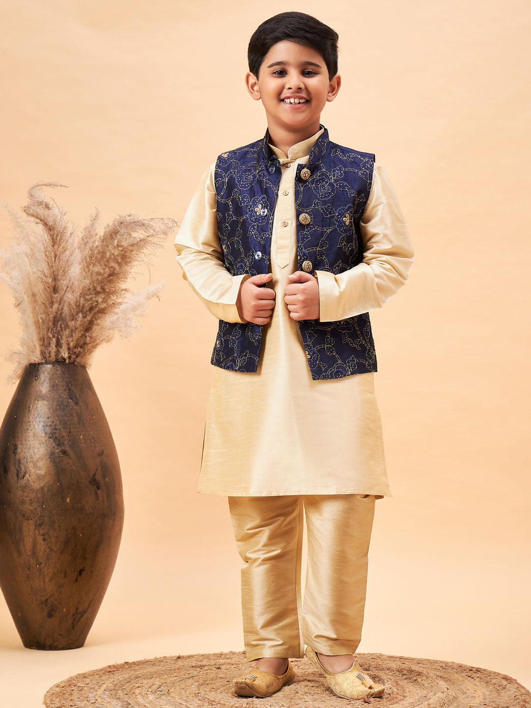 Vastramay Boy's Navy Blue Nehru Jacket With Gold Kurta And Pyjama Set - qivii
