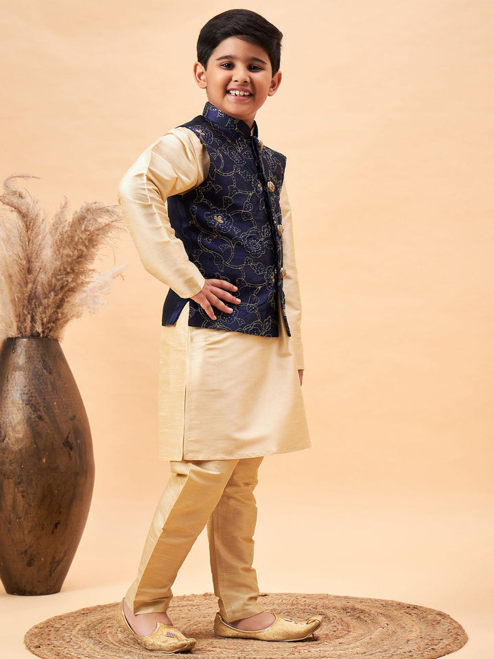 Vastramay Boy's Navy Blue Nehru Jacket With Gold Kurta And Pyjama Set - qivii
