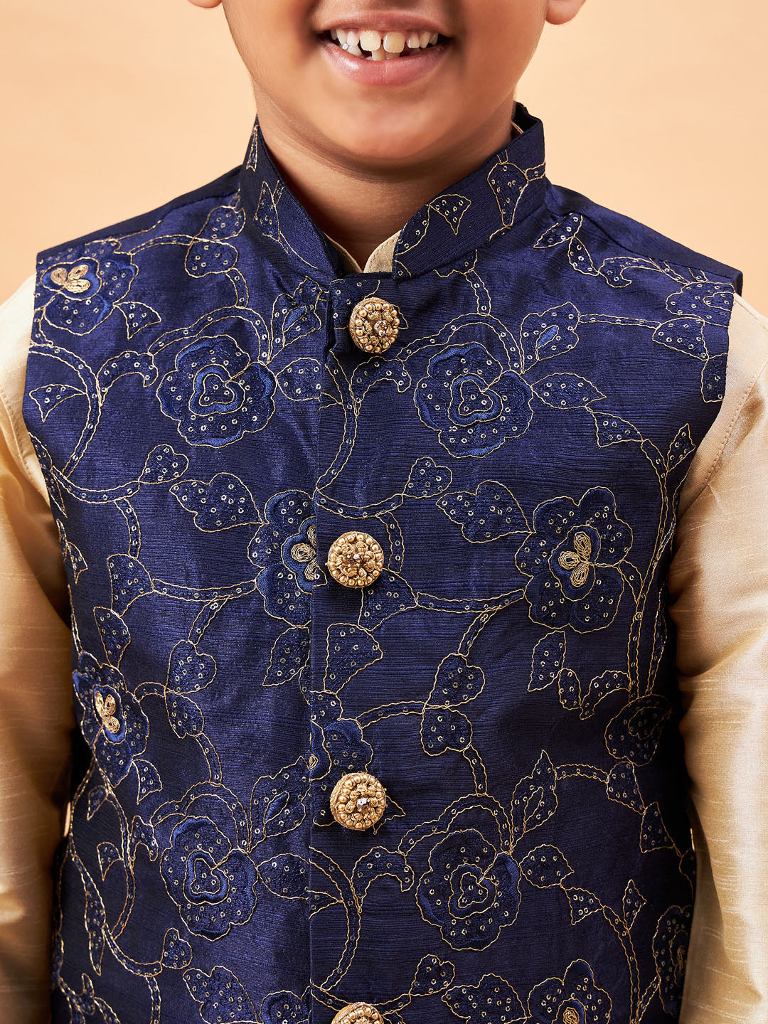 Vastramay Boy's Navy Blue Nehru Jacket With Gold Kurta And Pyjama Set - qivii