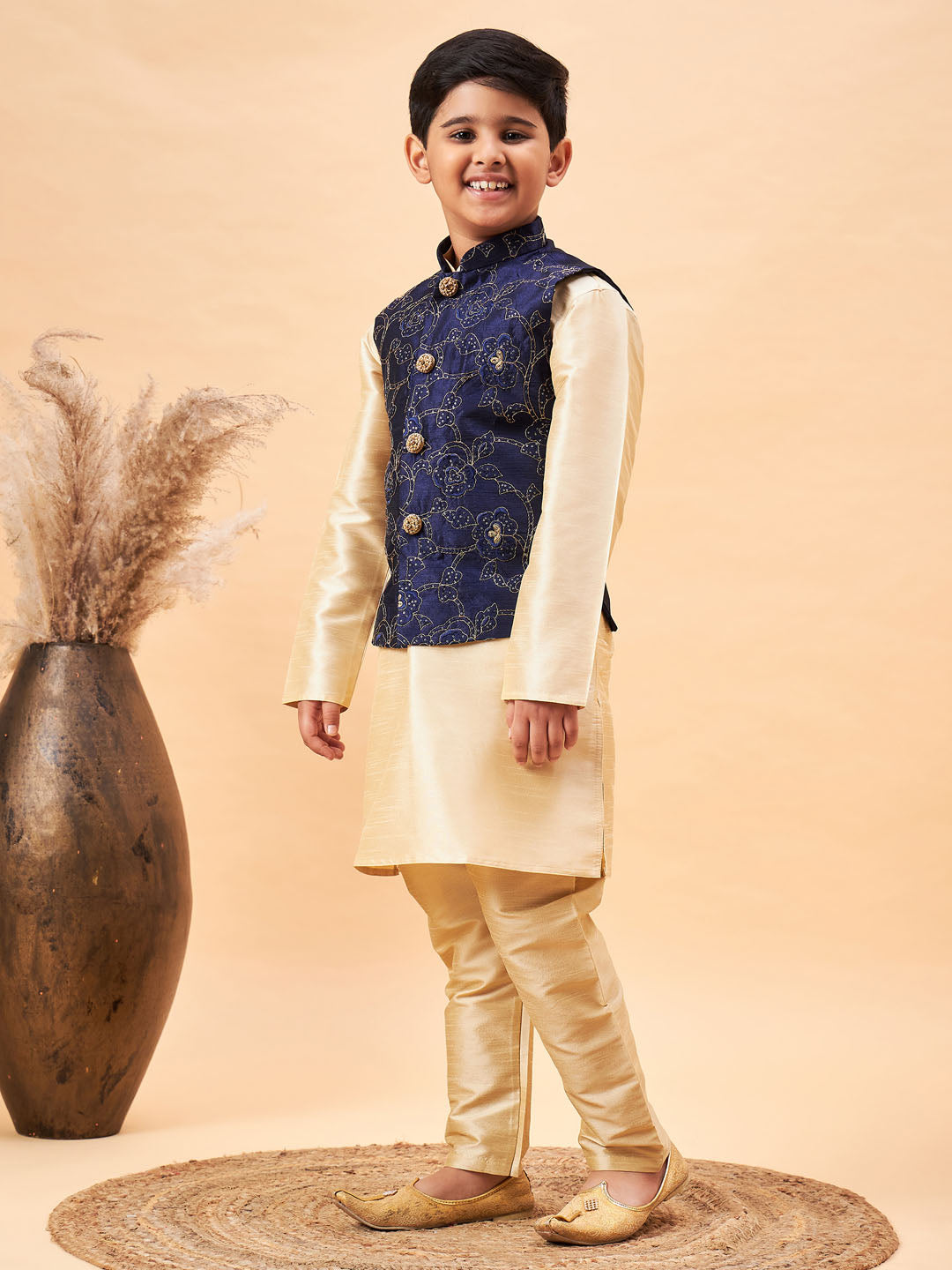 Vastramay Boy's Navy Blue Nehru Jacket With Gold Kurta And Pyjama Set - qivii