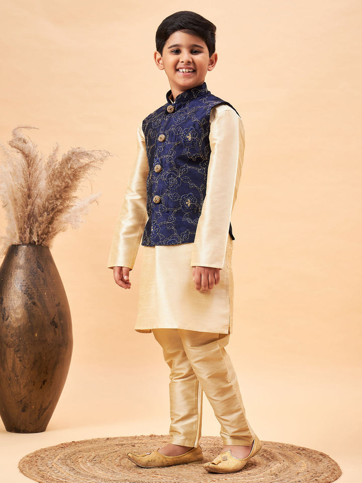 Vastramay Boy's Navy Blue Nehru Jacket With Gold Kurta And Pyjama Set - qivii