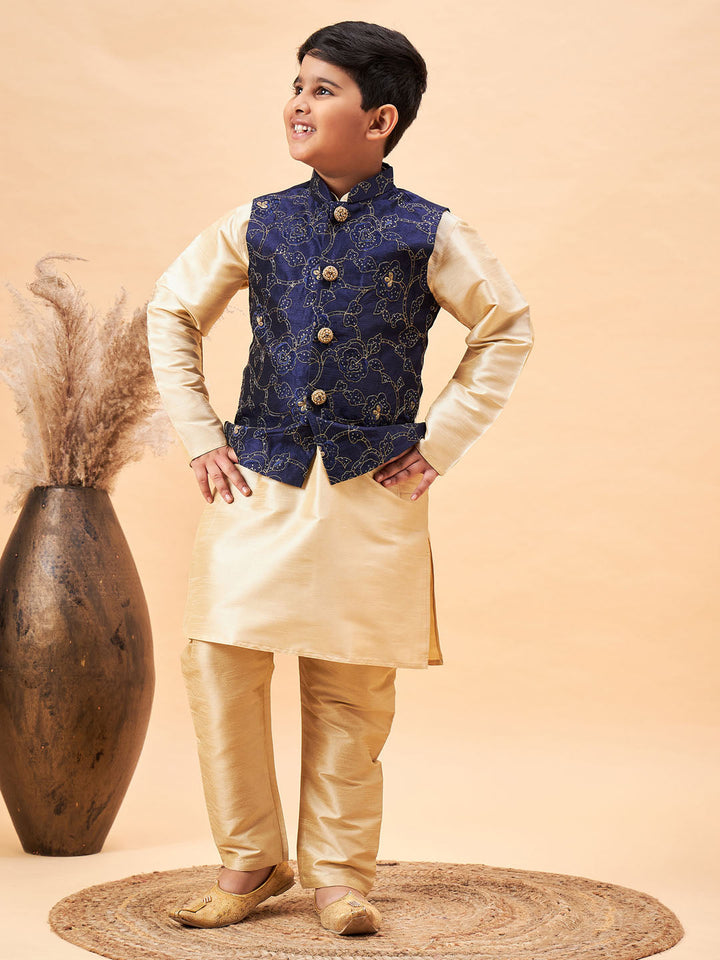 Vastramay Boy's Navy Blue Nehru Jacket With Gold Kurta And Pyjama Set - qivii