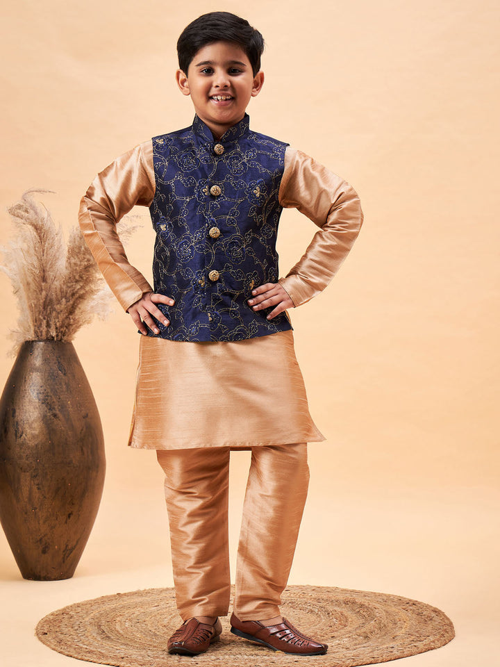 VASTRAMAY Boy's Navy Blue Nehru Jacket With Rose Gold Kurta And Pyjama Set - qivii