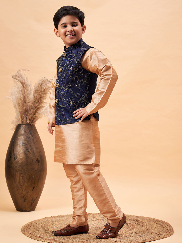 VASTRAMAY Boy's Navy Blue Nehru Jacket With Rose Gold Kurta And Pyjama Set - qivii