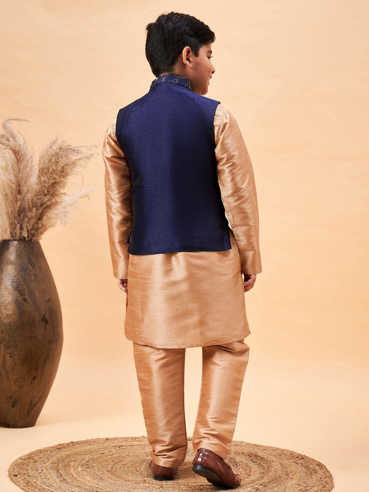 VASTRAMAY Boy's Navy Blue Nehru Jacket With Rose Gold Kurta And Pyjama Set - qivii