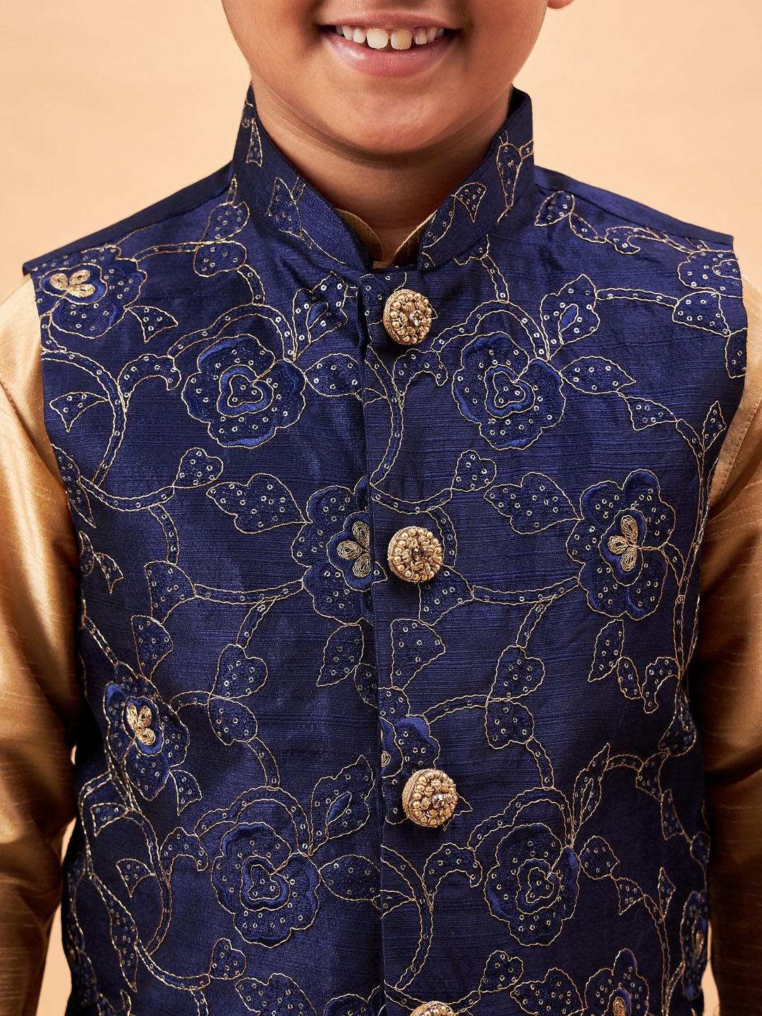 VASTRAMAY Boy's Navy Blue Nehru Jacket With Rose Gold Kurta And Pyjama Set - qivii