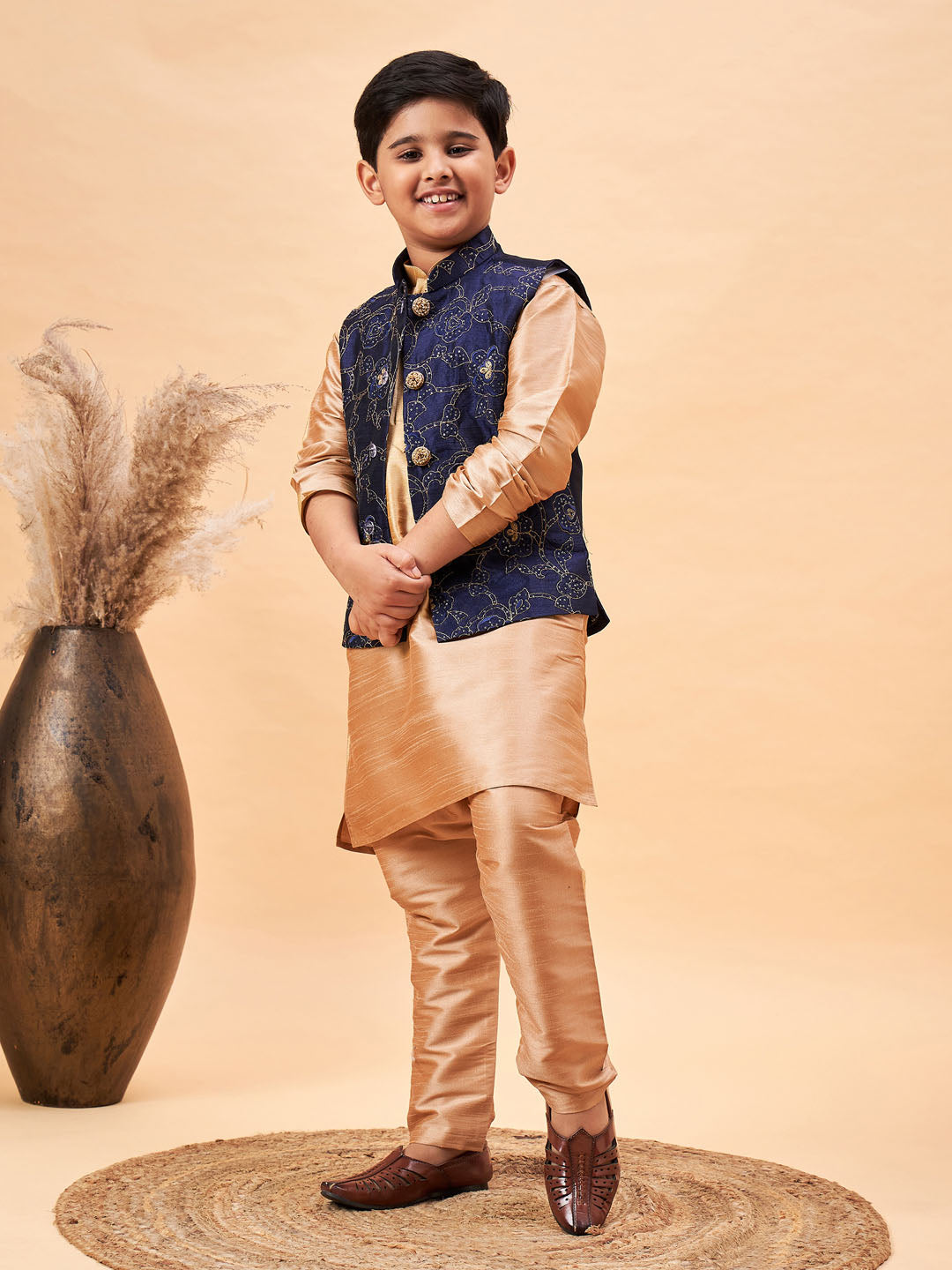 VASTRAMAY Boy's Navy Blue Nehru Jacket With Rose Gold Kurta And Pyjama Set - qivii