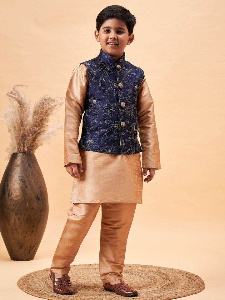 VASTRAMAY Boy's Navy Blue Nehru Jacket With Rose Gold Kurta And Pyjama Set - qivii