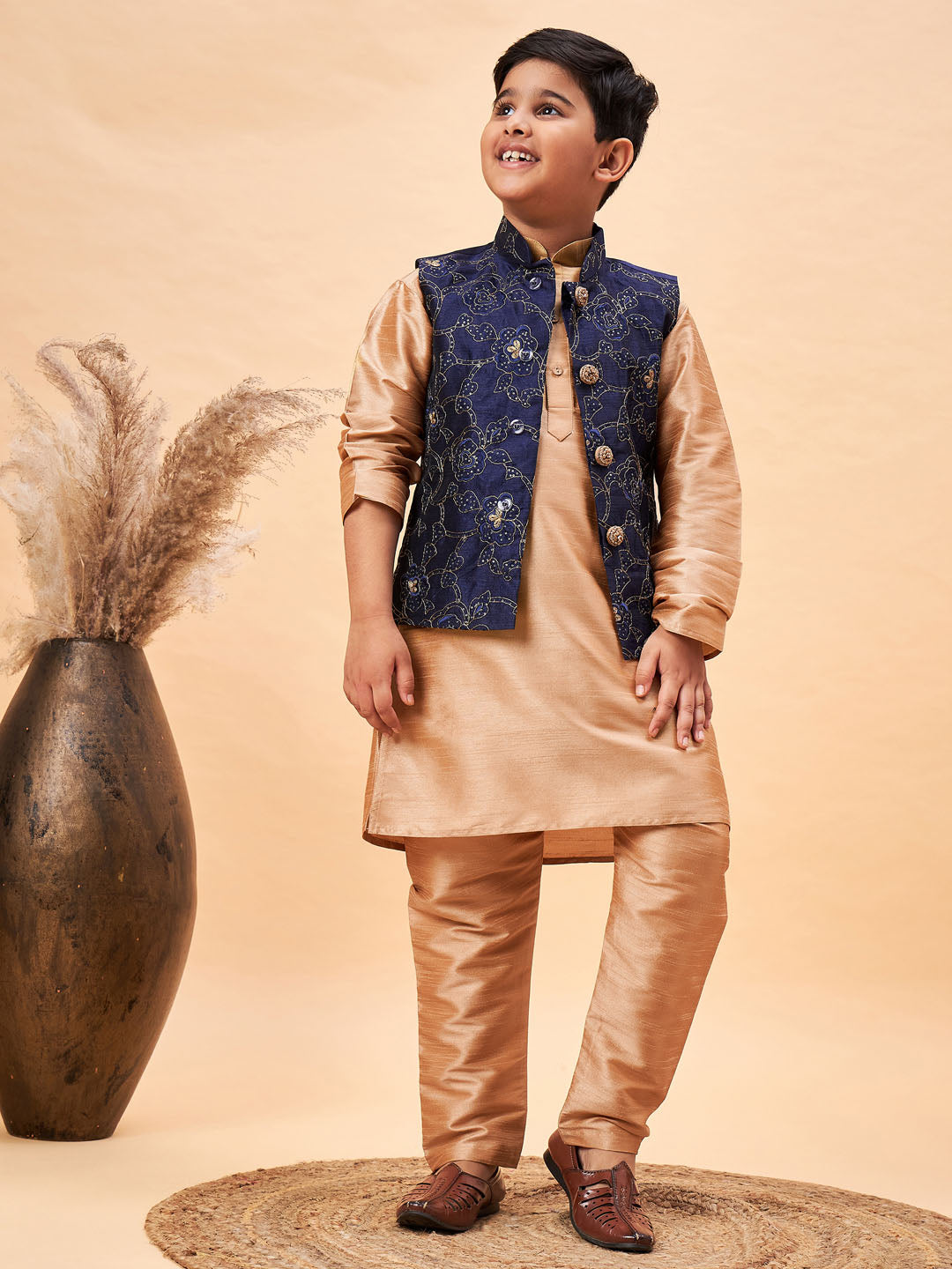 VASTRAMAY Boy's Navy Blue Nehru Jacket With Rose Gold Kurta And Pyjama Set - qivii