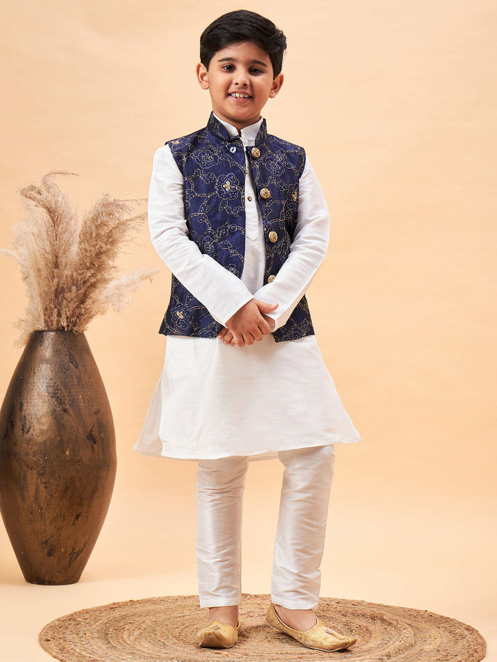 VASTRAMAY Boy's Navy Blue Nehru Jacket With White Kurta And Pyjama Set - qivii