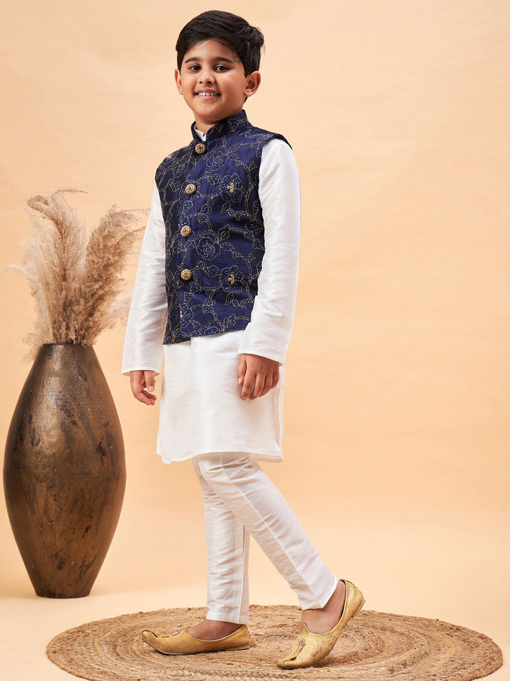 VASTRAMAY Boy's Navy Blue Nehru Jacket With White Kurta And Pyjama Set - qivii