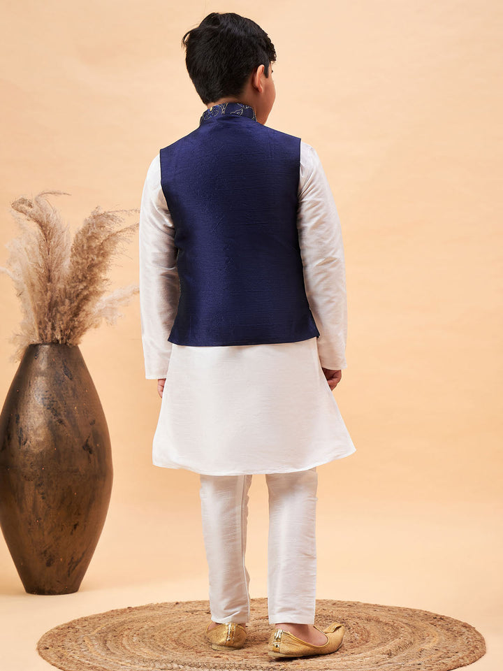 VASTRAMAY Boy's Navy Blue Nehru Jacket With White Kurta And Pyjama Set - qivii