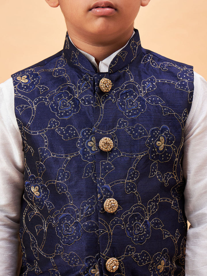 VASTRAMAY Boy's Navy Blue Nehru Jacket With White Kurta And Pyjama Set - qivii