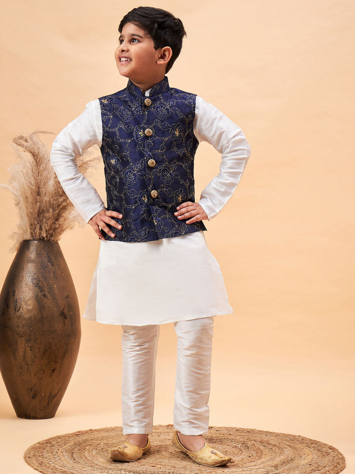 VASTRAMAY Boy's Navy Blue Nehru Jacket With White Kurta And Pyjama Set - qivii