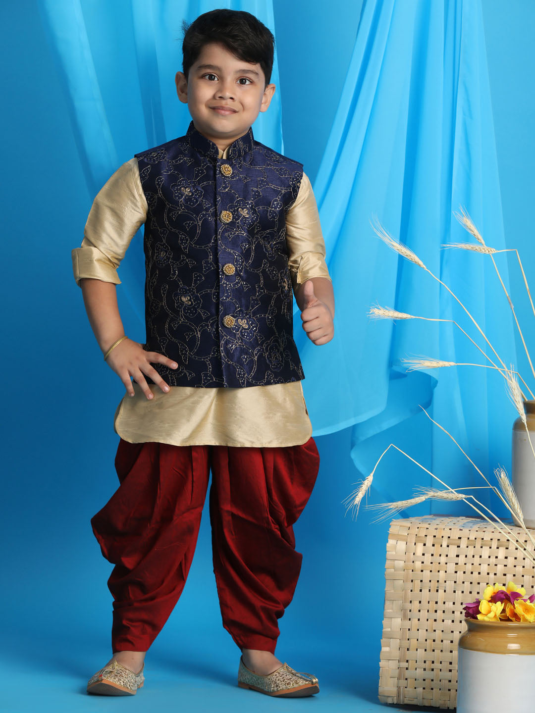Vastramay Boy's Navy Blue Embroidered Nehru Jacket With Gold Kurta And Maroon Dhoti Set - qivii