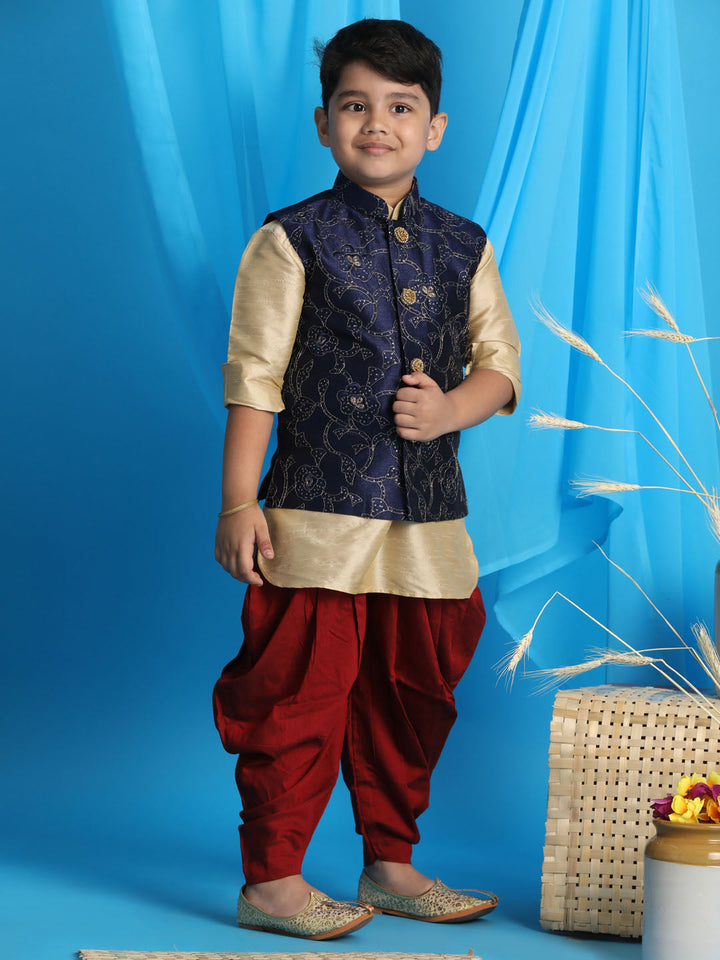 Vastramay Boy's Navy Blue Embroidered Nehru Jacket With Gold Kurta And Maroon Dhoti Set - qivii