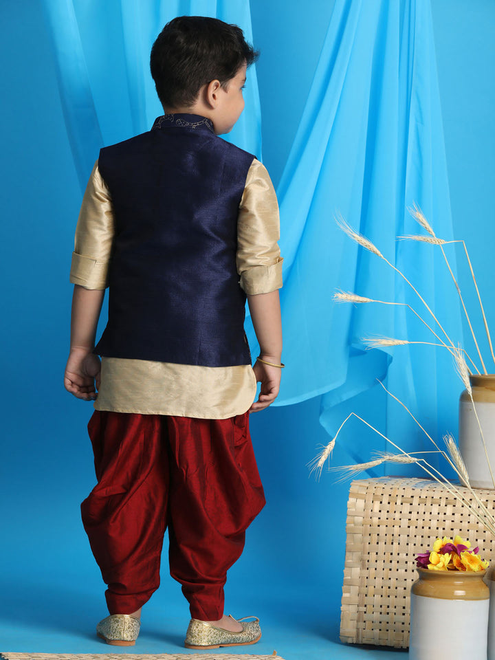 Vastramay Boy's Navy Blue Embroidered Nehru Jacket With Gold Kurta And Maroon Dhoti Set - qivii