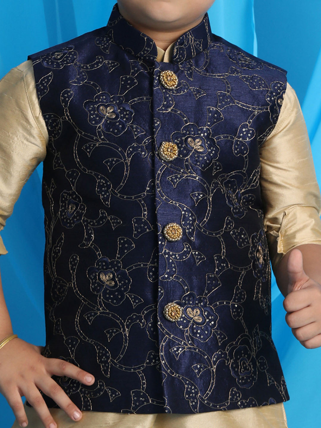 Vastramay Boy's Navy Blue Embroidered Nehru Jacket With Gold Kurta And Maroon Dhoti Set - qivii