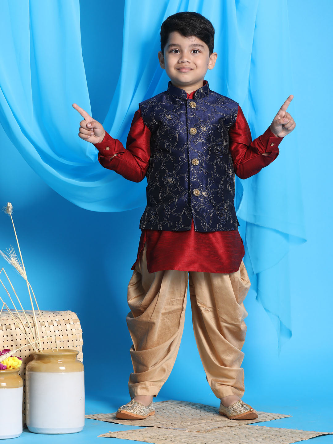 Vastramay Boy's Navy Blue Embroidered Nehru Jacket With Maroon Kurta And Rose Gold Dhoti Set - qivii