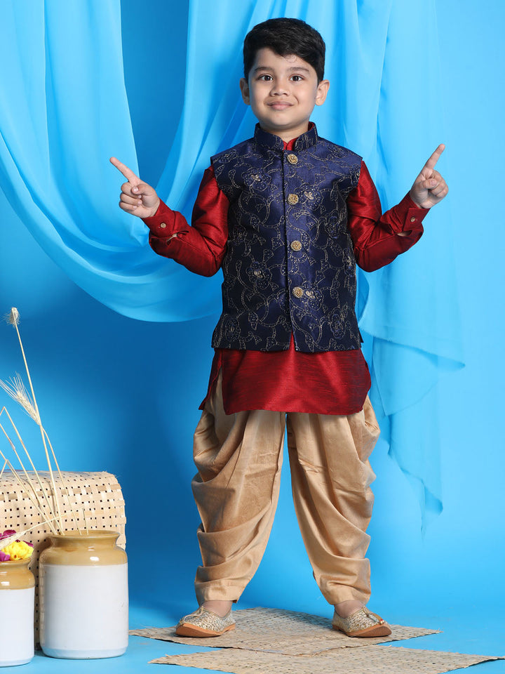Vastramay Boy's Navy Blue Embroidered Nehru Jacket With Maroon Kurta And Rose Gold Dhoti Set - qivii