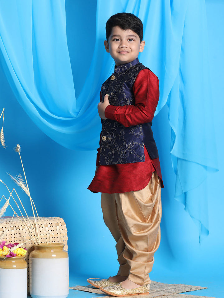 Vastramay Boy's Navy Blue Embroidered Nehru Jacket With Maroon Kurta And Rose Gold Dhoti Set - qivii
