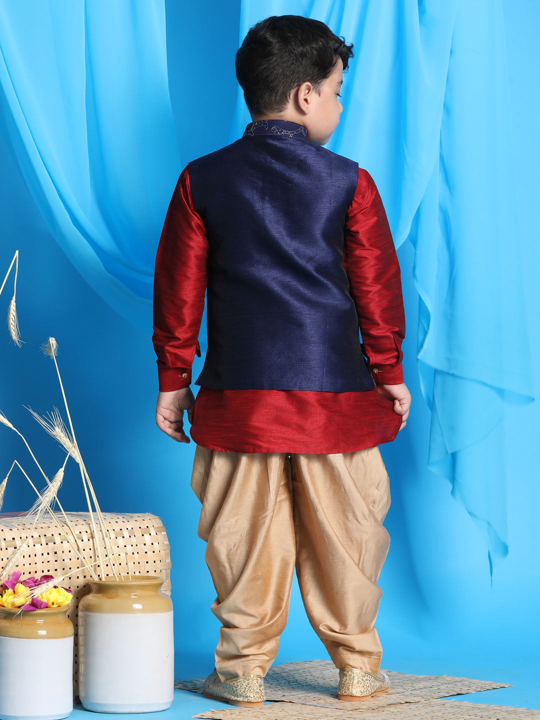 Vastramay Boy's Navy Blue Embroidered Nehru Jacket With Maroon Kurta And Rose Gold Dhoti Set - qivii