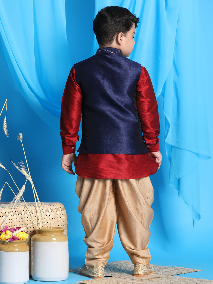 Vastramay Boy's Navy Blue Embroidered Nehru Jacket With Maroon Kurta And Rose Gold Dhoti Set - qivii