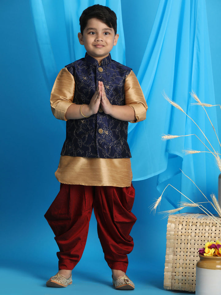 Vastramay Boy's Navy Blue Embroidered Nehru Jacket With Rose Gold Kurta And Maroon Dhoti Set - qivii