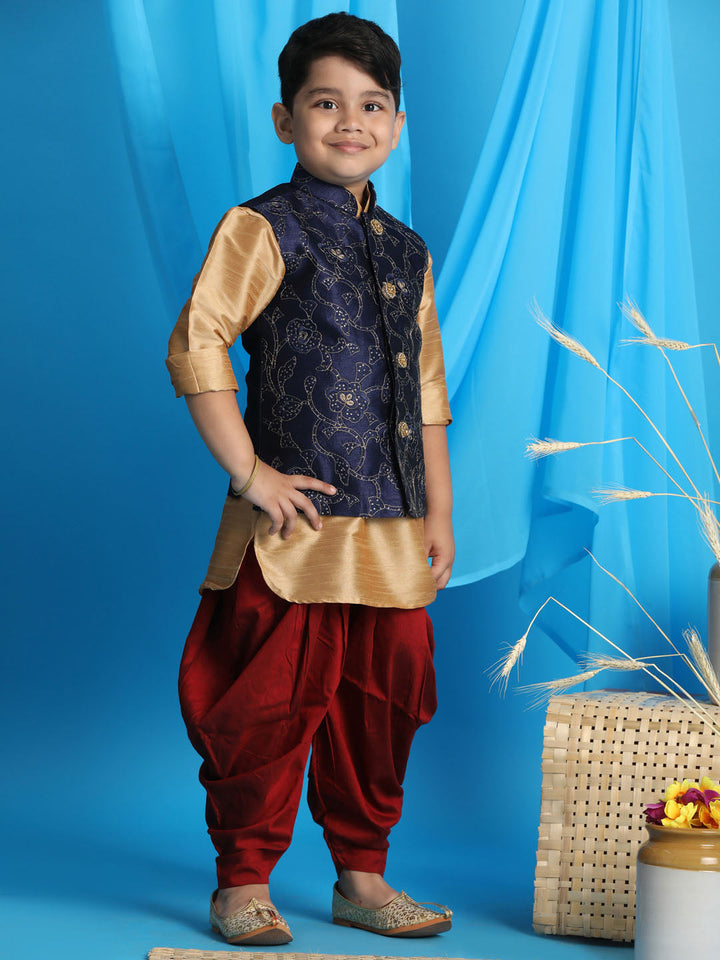 Vastramay Boy's Navy Blue Embroidered Nehru Jacket With Rose Gold Kurta And Maroon Dhoti Set - qivii