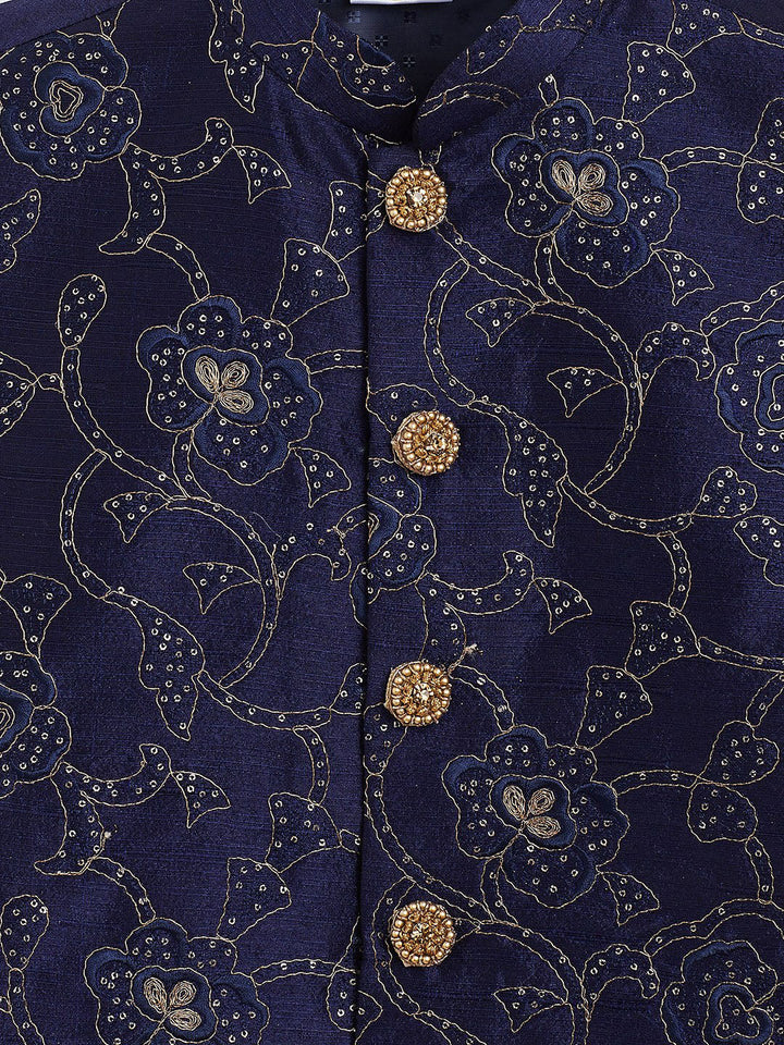 Vastramay Boy's Navy Blue Embroidered Nehru Jacket With Rose Gold Kurta And Maroon Dhoti Set - qivii