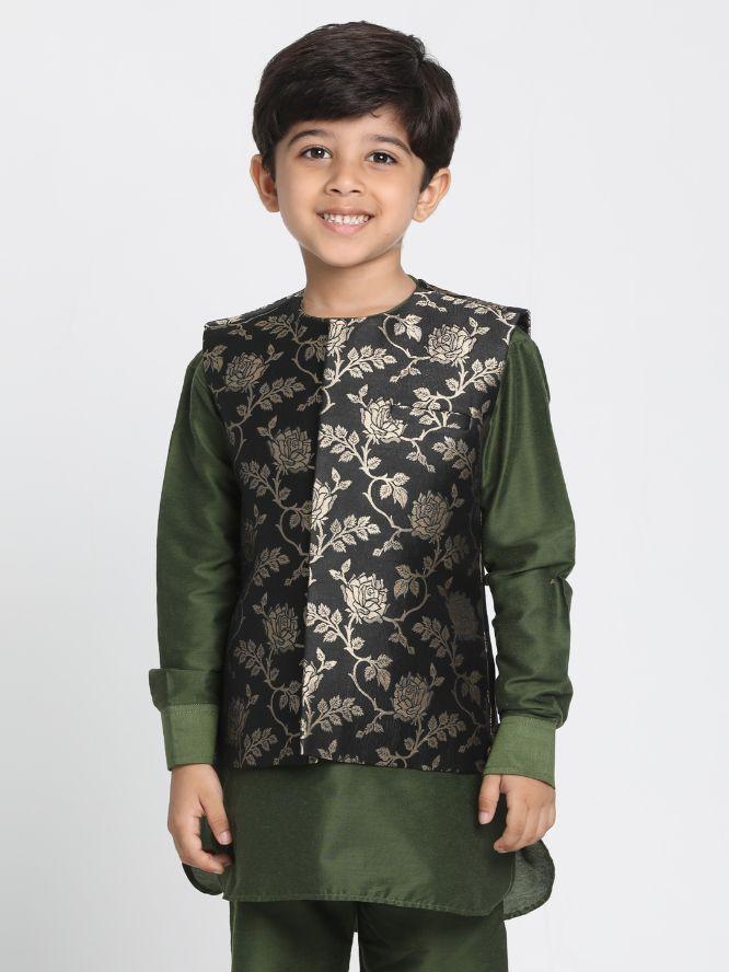 Vastramay Boys' Black Cotton Silk Blend Nehru Jacket - qivii