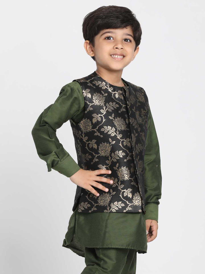 Vastramay Boys' Black Cotton Silk Blend Nehru Jacket - qivii