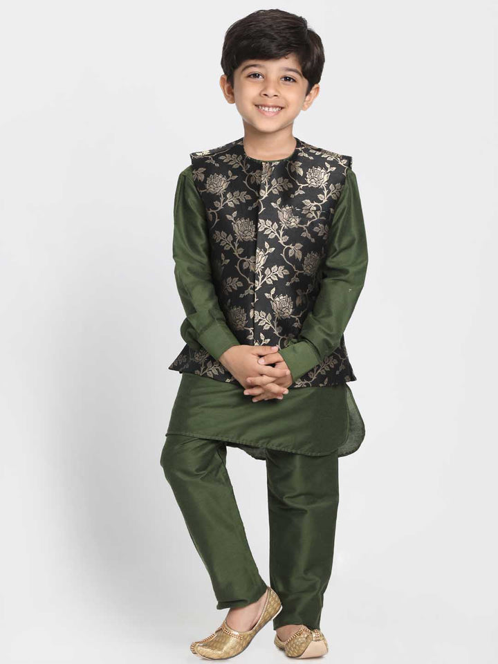 Vastramay Boys' Black Cotton Silk Blend Nehru Jacket - qivii