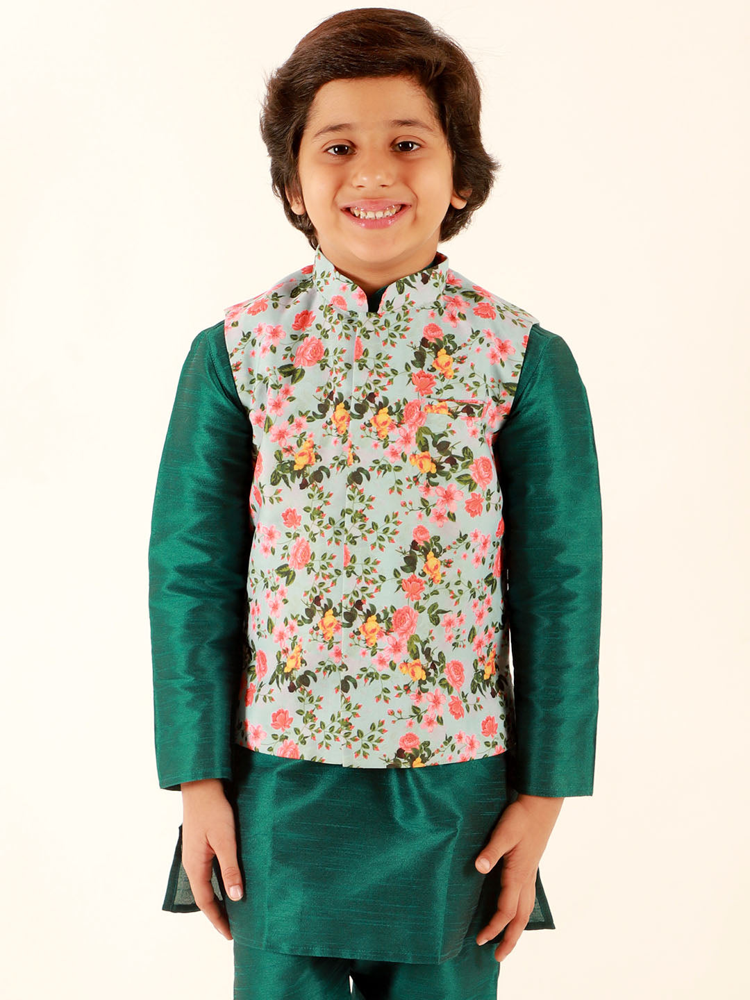 Vastramay Boys Aqua Floral Printed Nehru Jacket - qivii