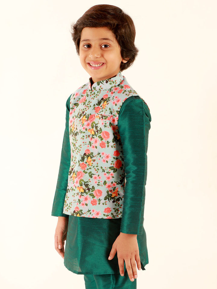 Vastramay Boys Aqua Floral Printed Nehru Jacket - qivii