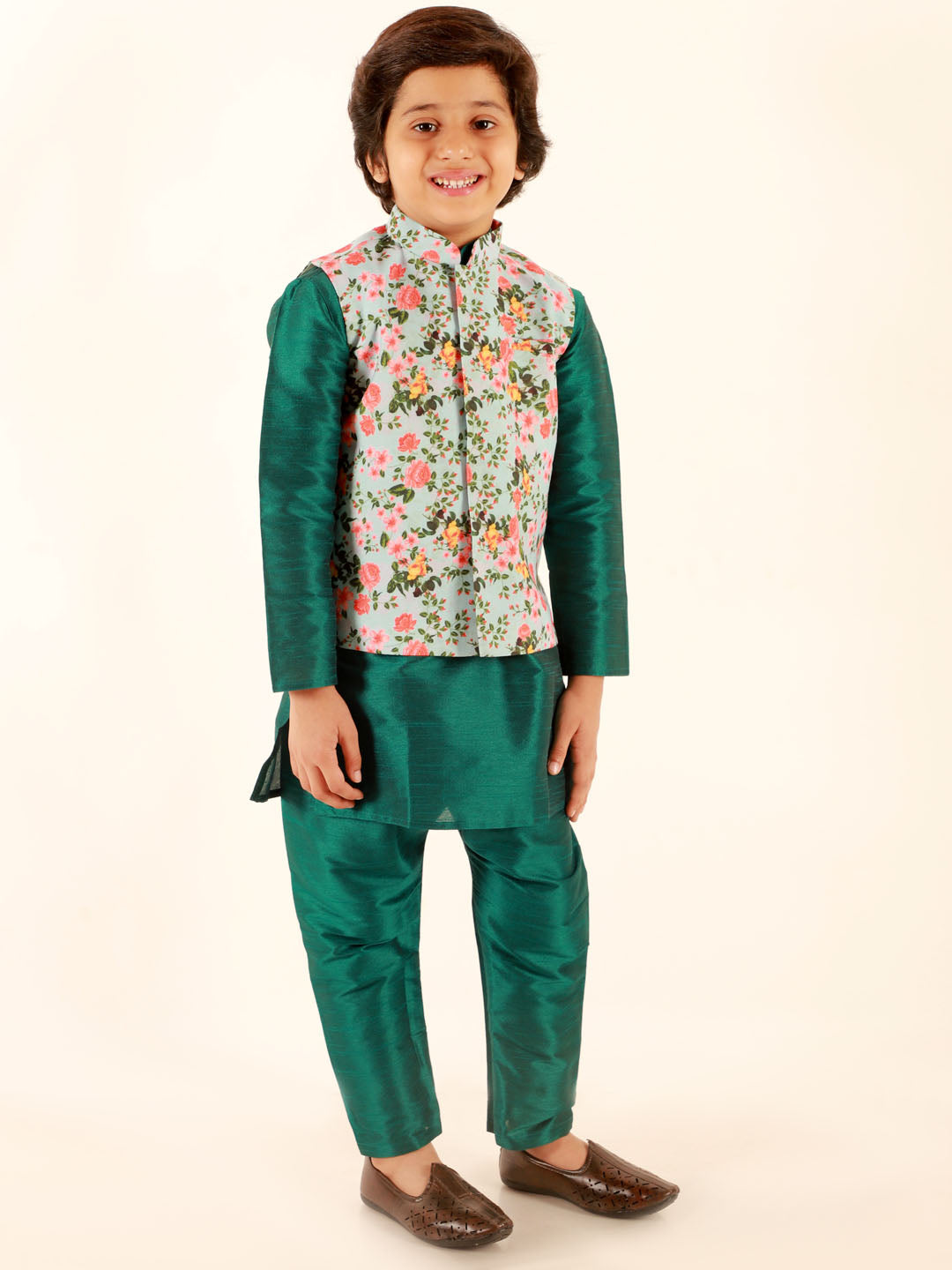 Vastramay Boys Aqua Floral Printed Nehru Jacket - qivii