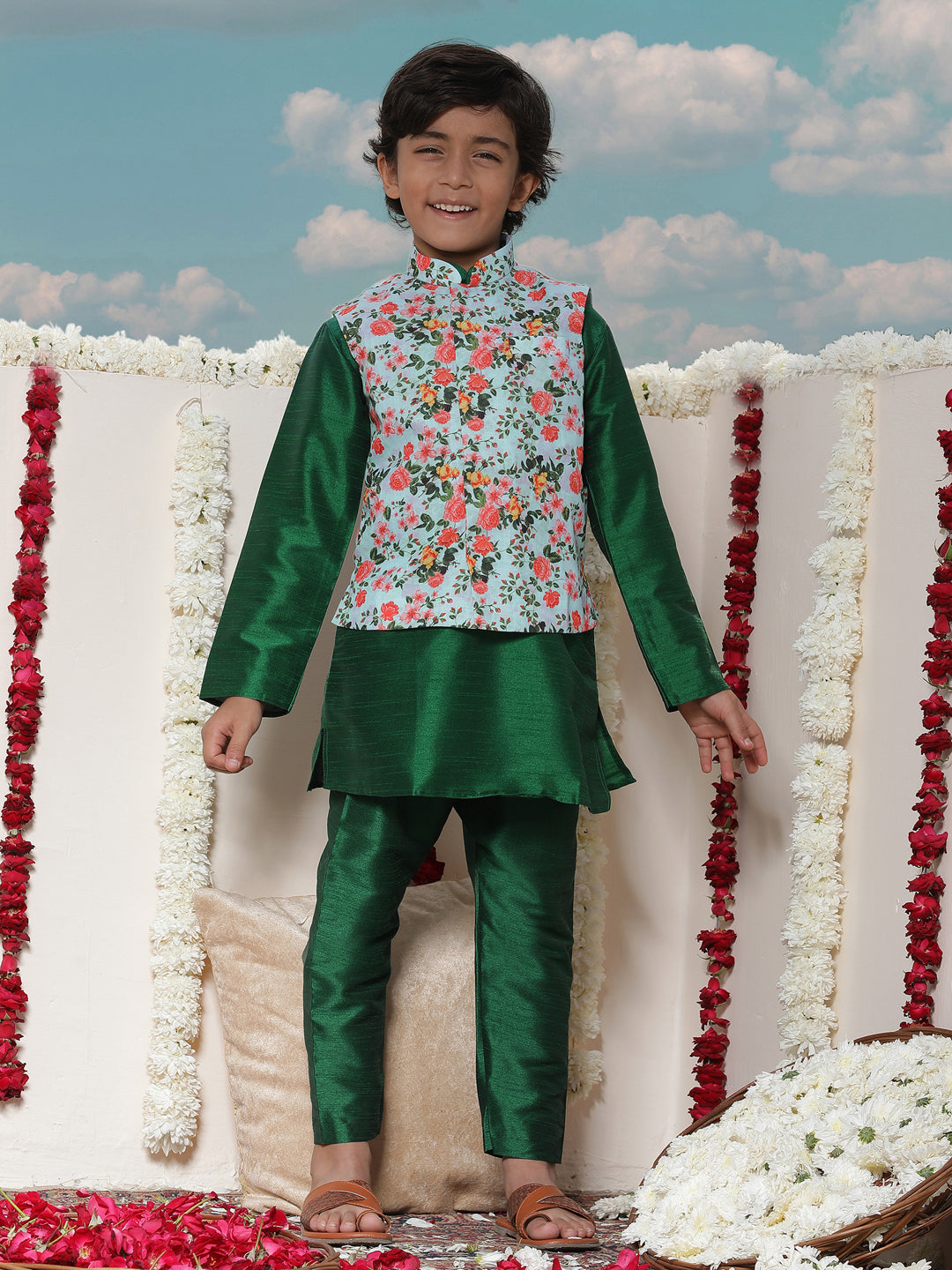 Vastramay Boy's Aqua Floral Printed Nehru Jacket With Green Kurta And Pyjama Set - qivii