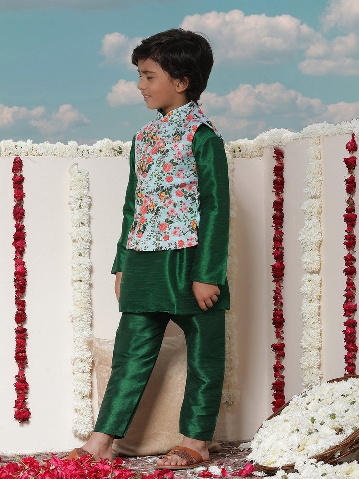 Vastramay Boy's Aqua Floral Printed Nehru Jacket With Green Kurta And Pyjama Set - qivii
