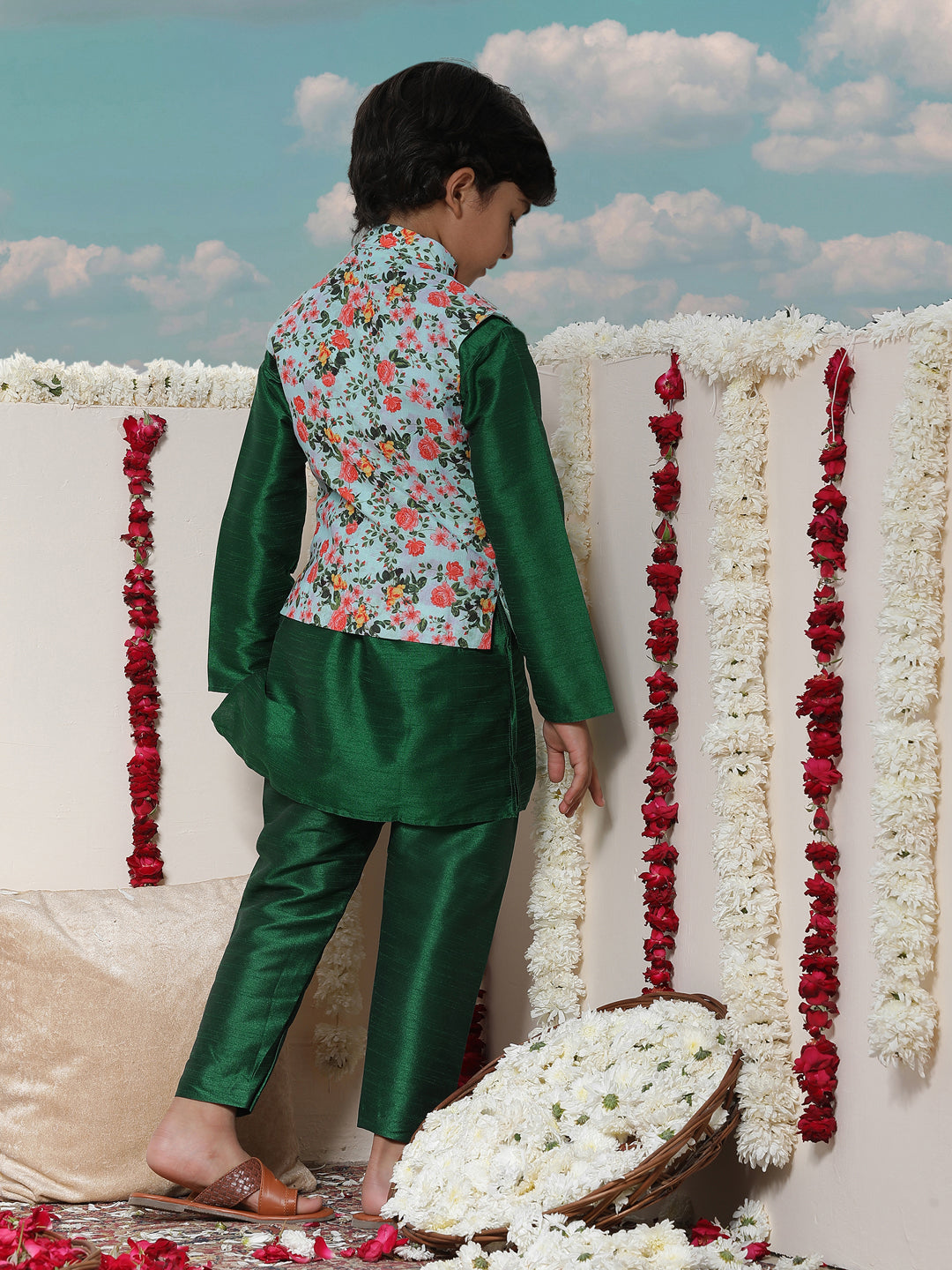 Vastramay Boy's Aqua Floral Printed Nehru Jacket With Green Kurta And Pyjama Set - qivii