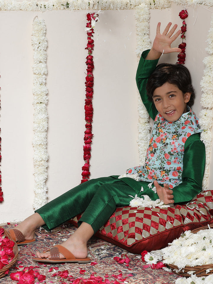 Vastramay Boy's Aqua Floral Printed Nehru Jacket With Green Kurta And Pyjama Set - qivii