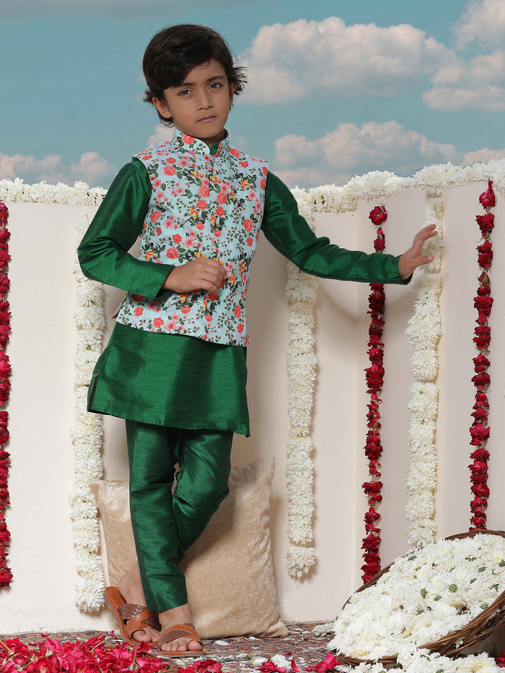 Vastramay Boy's Aqua Floral Printed Nehru Jacket With Green Kurta And Pyjama Set - qivii