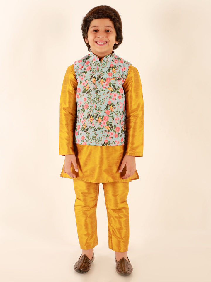 Vastramay Boy's Aqua Floral Printed Nehru Jacket With Mustard Kurta And Pyjama Set - qivii