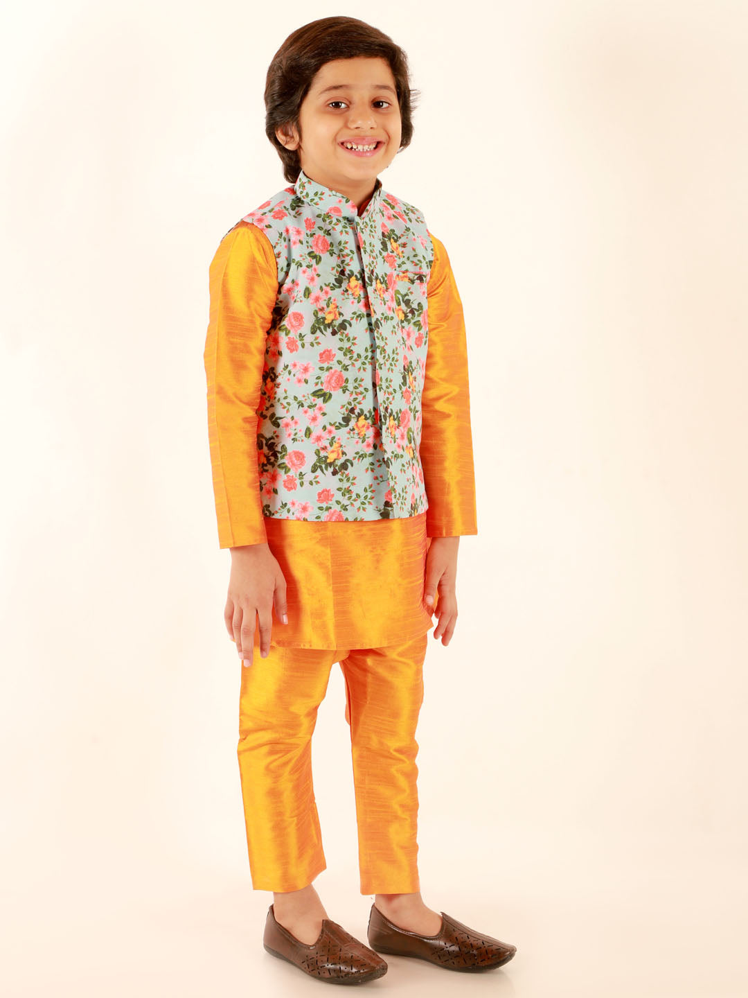Vastramay Boy's Aqua Floral Printed Nehru Jacket With Mustard Kurta And Pyjama Set - qivii