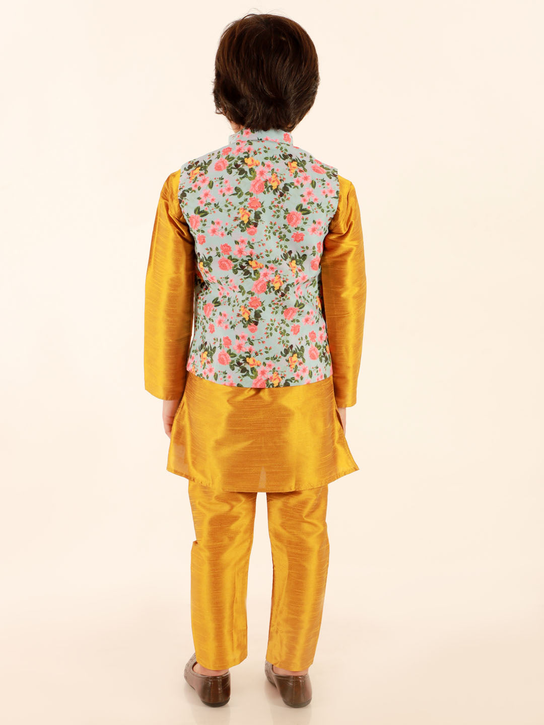 Vastramay Boy's Aqua Floral Printed Nehru Jacket With Mustard Kurta And Pyjama Set - qivii