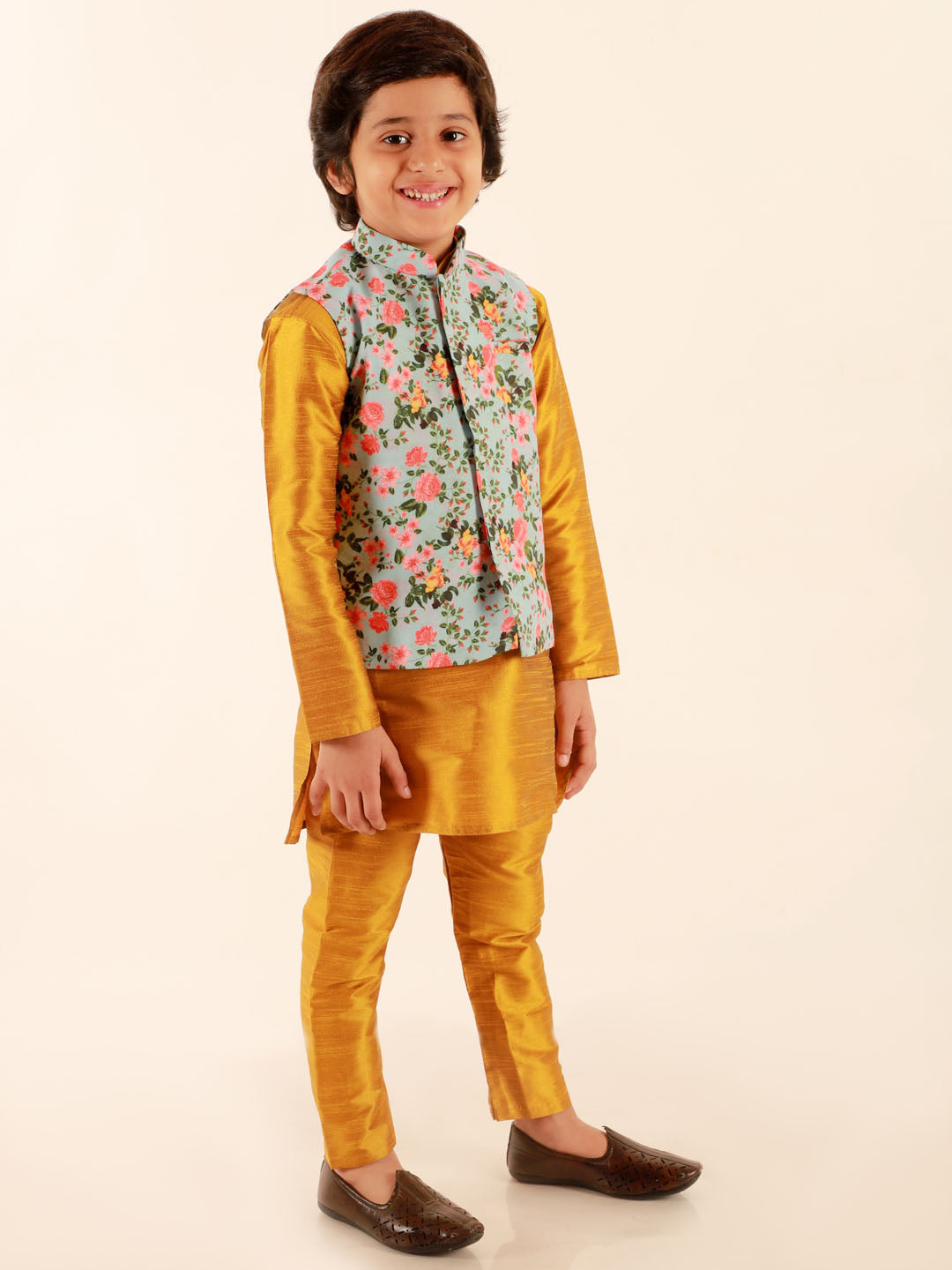 Vastramay Boy's Aqua Floral Printed Nehru Jacket With Mustard Kurta And Pyjama Set - qivii