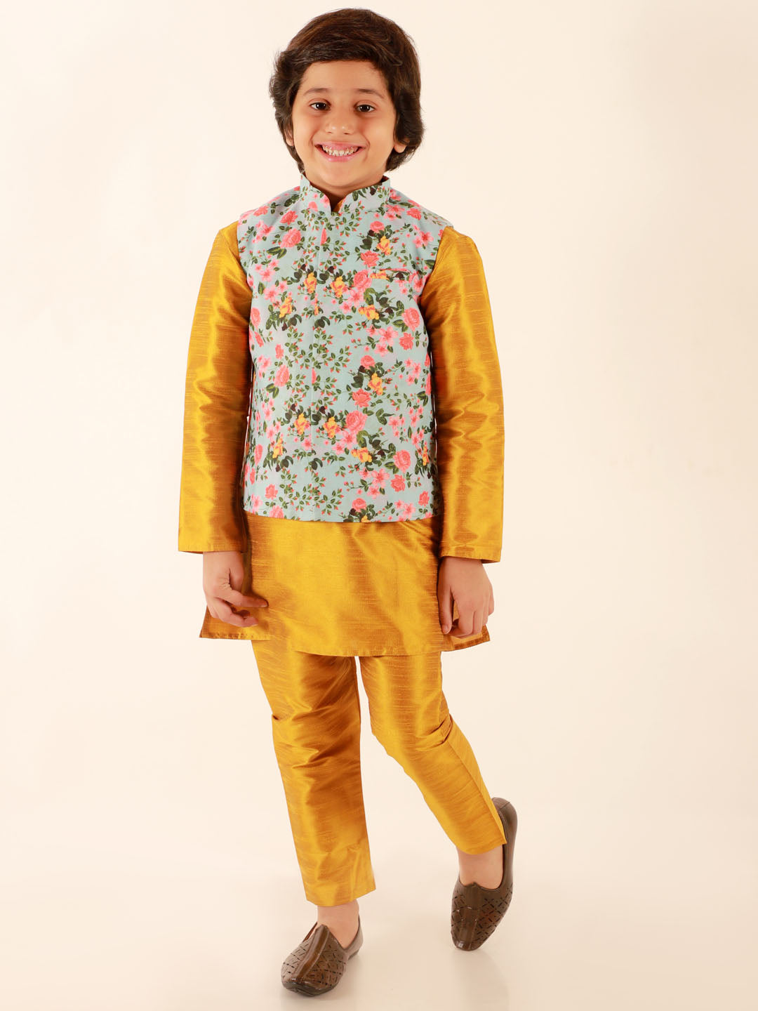 Vastramay Boy's Aqua Floral Printed Nehru Jacket With Mustard Kurta And Pyjama Set - qivii
