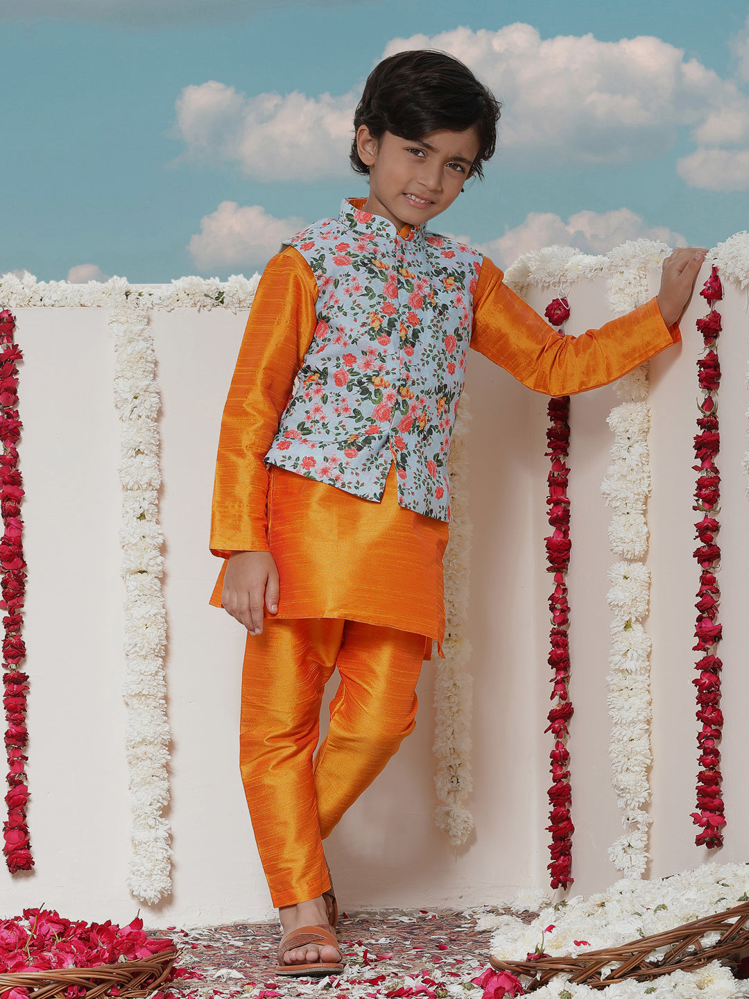 Vastramay Boy's Aqua Floral Printed Nehru Jacket With Orange Kurta And Pyjama Set - qivii