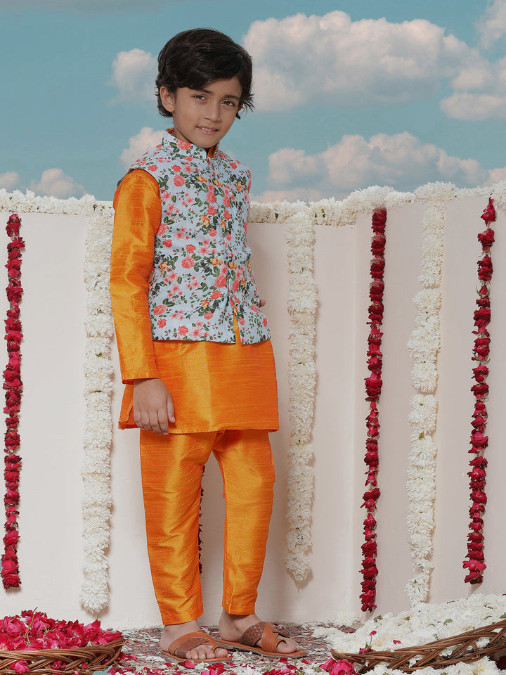 Vastramay Boy's Aqua Floral Printed Nehru Jacket With Orange Kurta And Pyjama Set - qivii