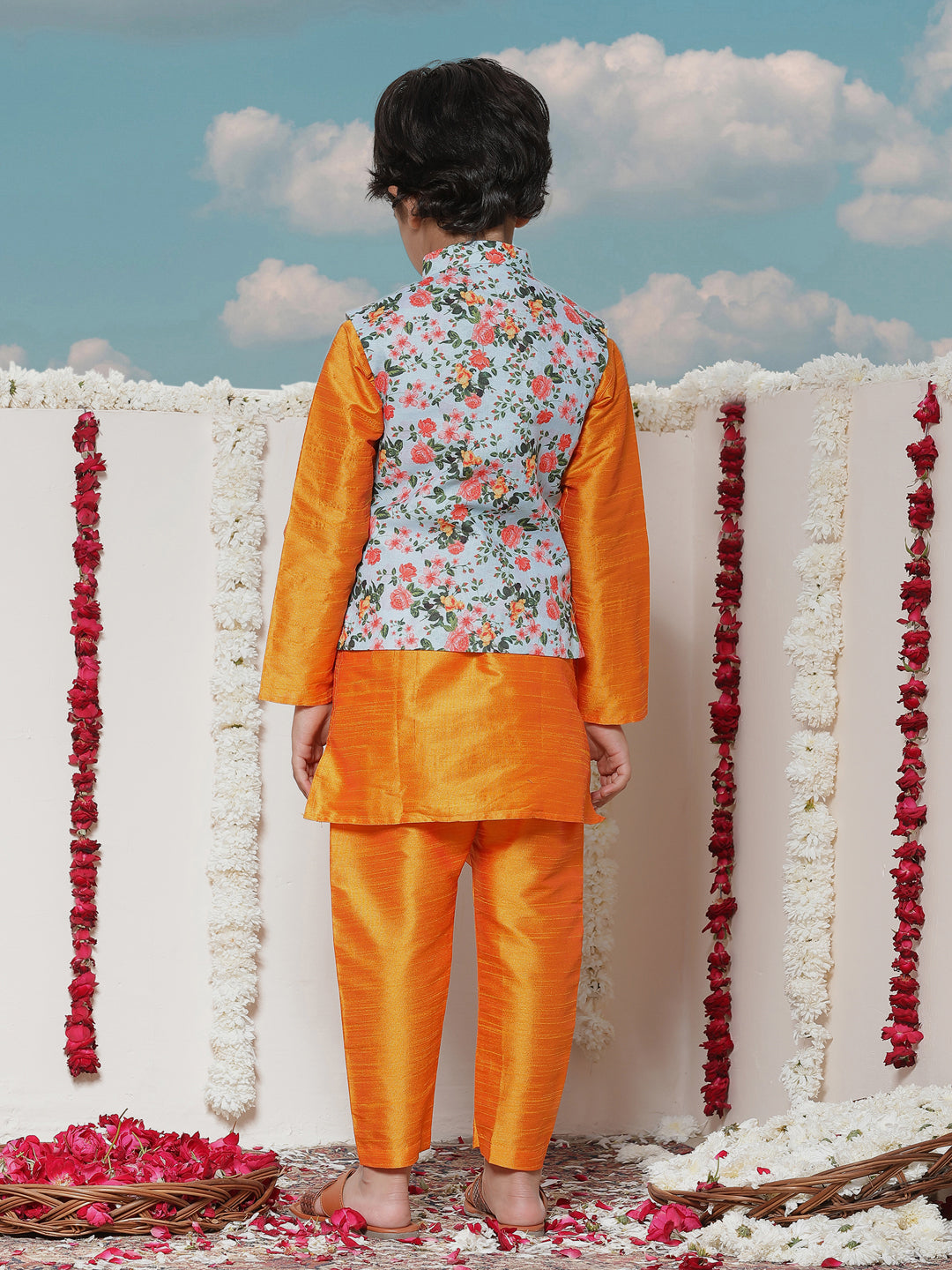 Vastramay Boy's Aqua Floral Printed Nehru Jacket With Orange Kurta And Pyjama Set - qivii