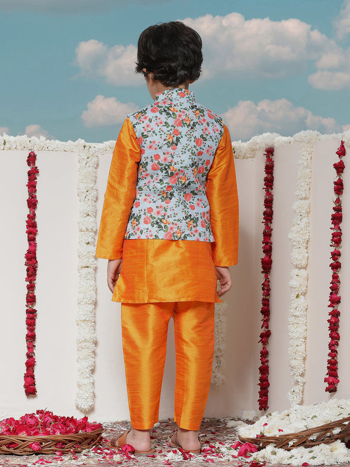 Vastramay Boy's Aqua Floral Printed Nehru Jacket With Orange Kurta And Pyjama Set - qivii
